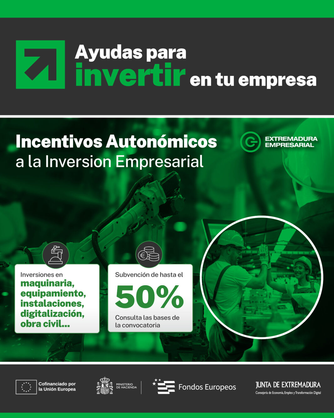 La Junta concede 5,2 millones de euros en ayudas de Incentivos Autonómicos a la Inversión para 50 empresas extremeñas