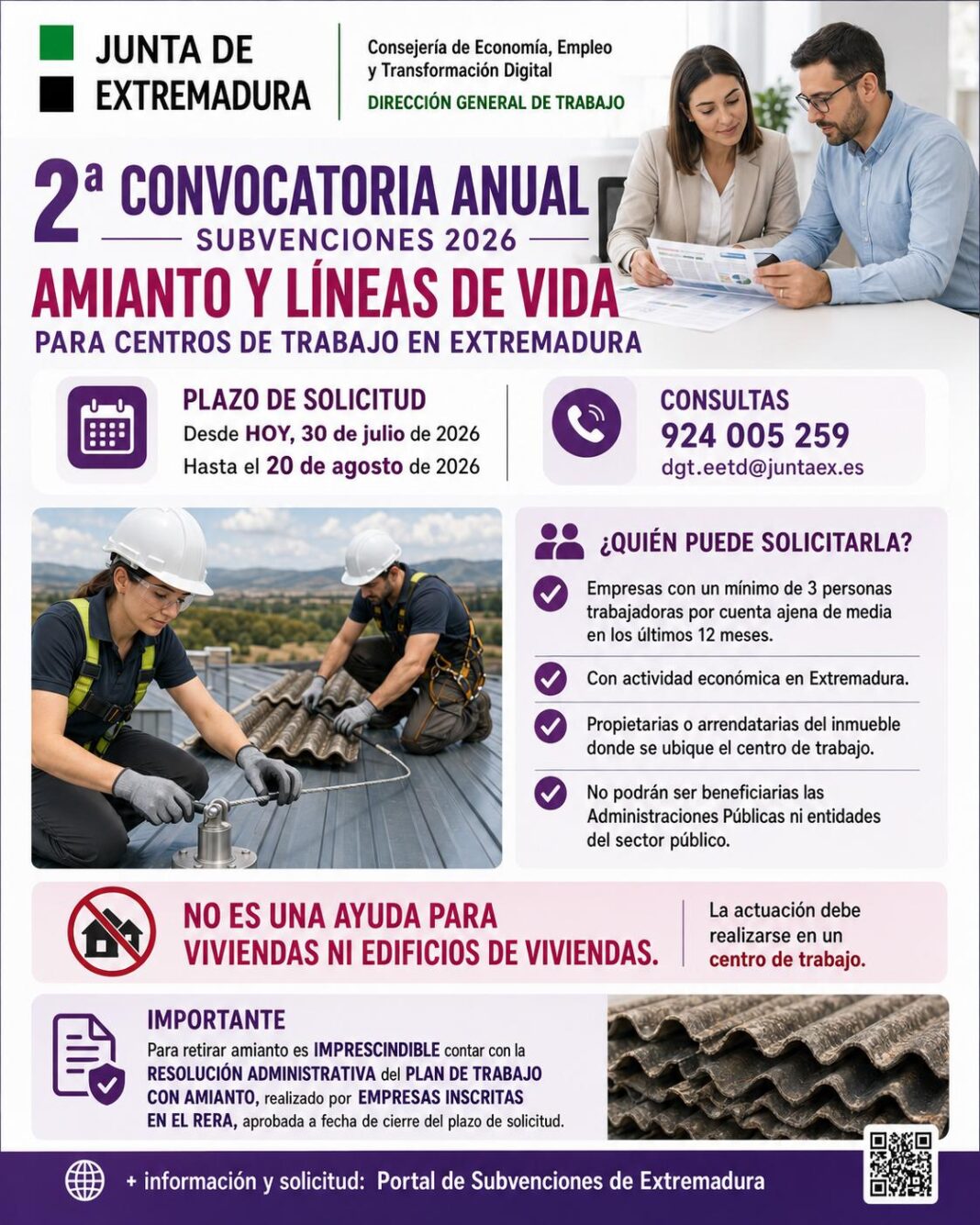 La Junta de Extremadura destina 200.000 euros a ayudas para que las empresas retiren amianto e instalen sistemas de protección frente a caídas en altura